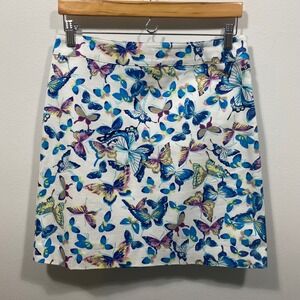 Talbots Petite Skirt 6P White Blue‎ Butterfly Print Cotton Blend Boho Career